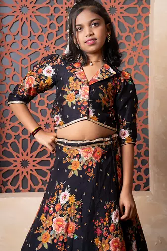 Black embroidered silk lehenga set