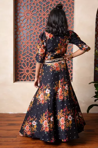 Black embroidered silk lehenga set