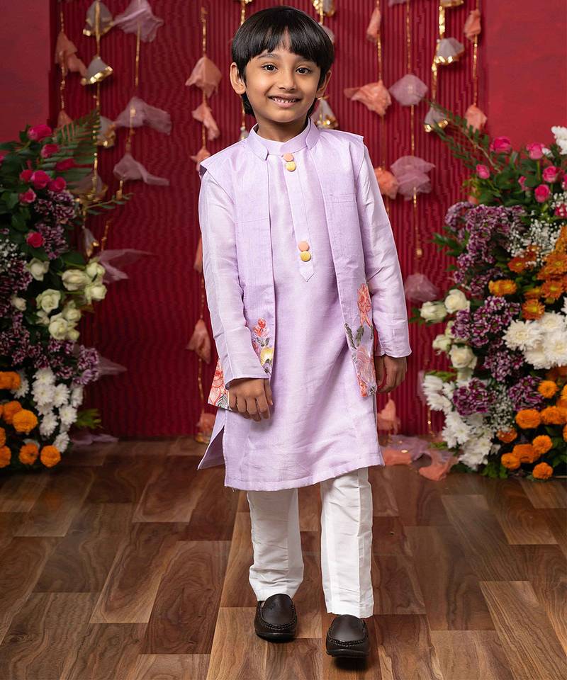 Purple embroidered silk nehru jacket set