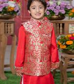 Red embroidered pure brocade silk nehru jacket set