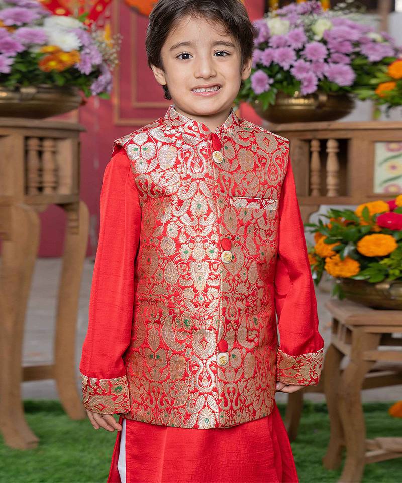Red embroidered pure brocade silk nehru jacket set