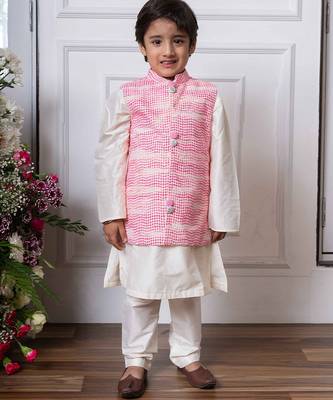 Pink embroidered silk nehru jacket set 1