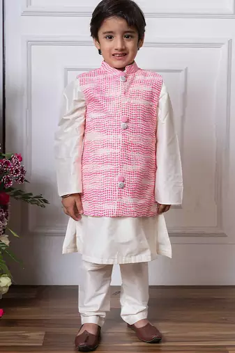 Pink embroidered silk nehru jacket set