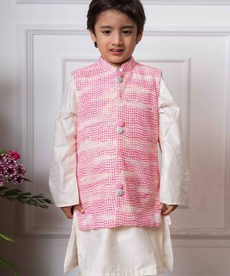 Pink embroidered silk nehru jacket set 2