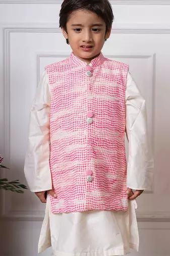 Pink embroidered silk nehru jacket set