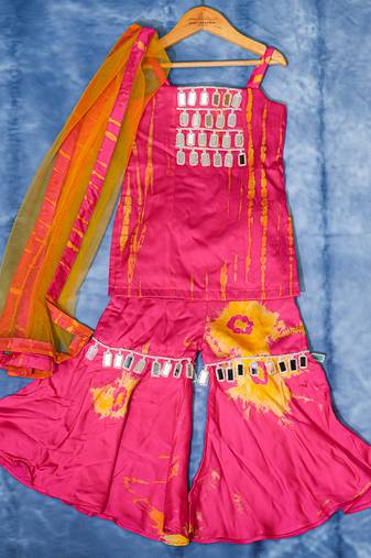 Pink embroidered satin sharara set