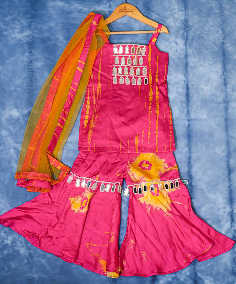 Pink embroidered satin sharara set