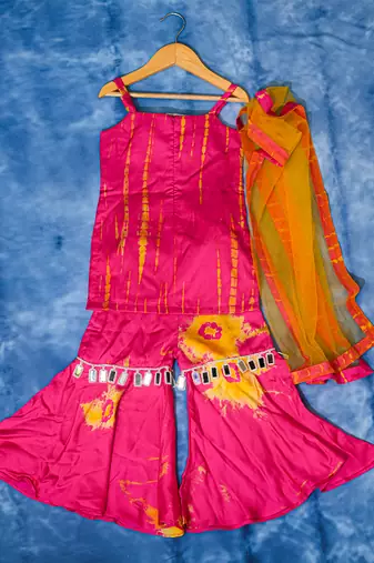 Pink embroidered satin sharara set