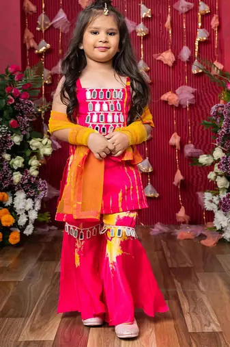 Pink embroidered satin sharara set