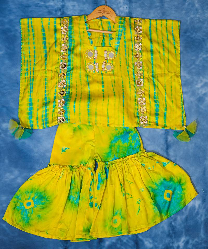 Yellow embroidered chanderi silk sharara set