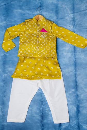 Yellow printed satin nehru jacket set