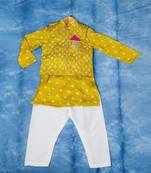 Yellow printed satin nehru jacket set