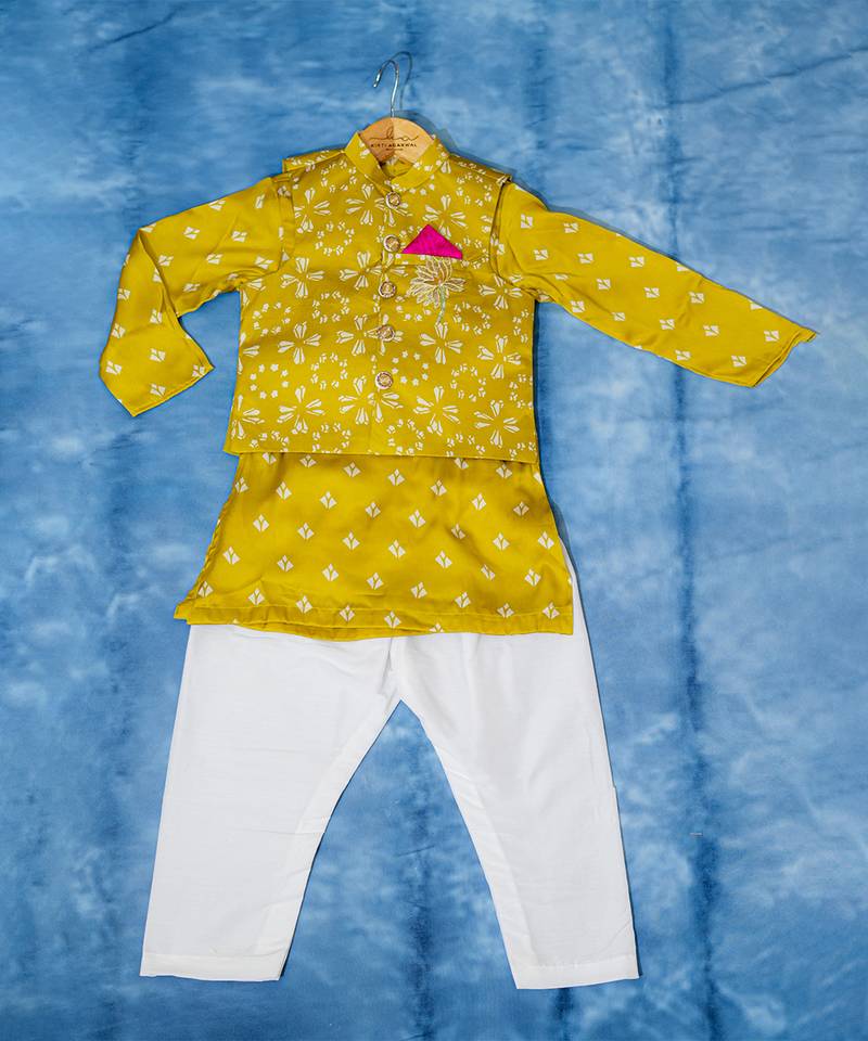 Yellow printed satin nehru jacket set