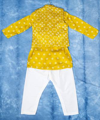 Yellow printed satin nehru jacket set 2