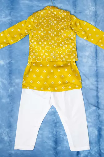 Yellow printed satin nehru jacket set
