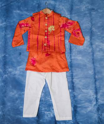 Orange embroidered satin nehru jacket set 1