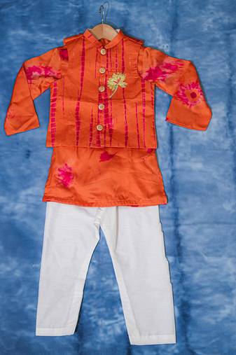 Orange embroidered satin nehru jacket set