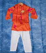 Orange embroidered satin nehru jacket set