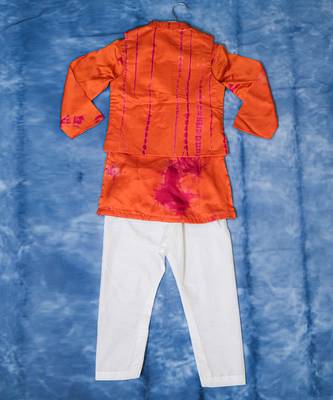 Orange embroidered satin nehru jacket set 2