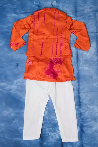 Orange embroidered satin nehru jacket set
