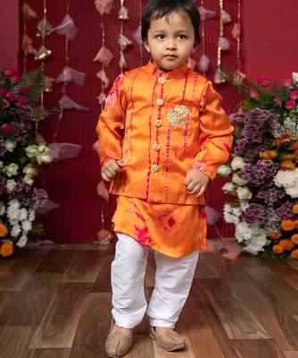 Orange embroidered satin nehru jacket set 3