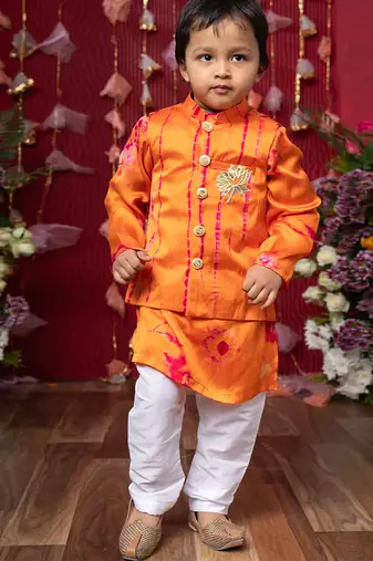 Orange embroidered satin nehru jacket set