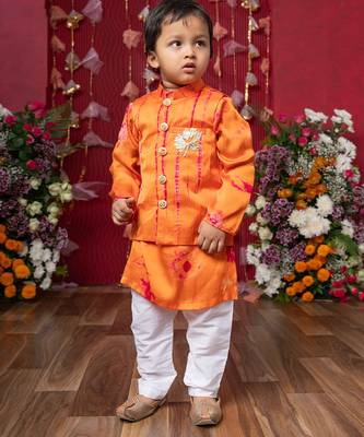 Orange embroidered satin nehru jacket set 4