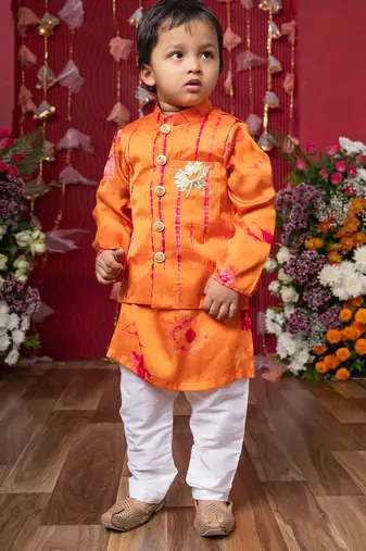 Orange embroidered satin nehru jacket set