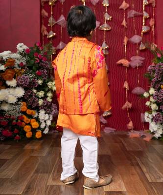 Orange embroidered satin nehru jacket set 5
