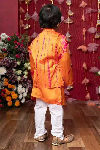 Orange embroidered satin nehru jacket set