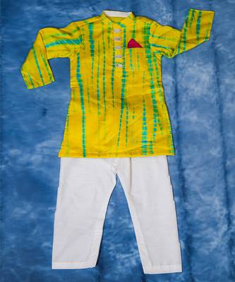 Yellow embroidered satin kurta pyjama 1