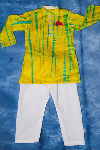 Yellow embroidered satin kurta pyjama