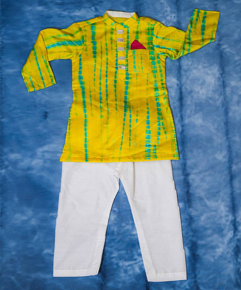 Yellow embroidered satin kurta pyjama