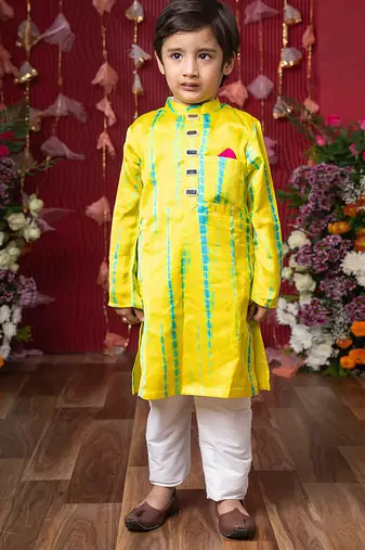 Yellow embroidered satin kurta pyjama