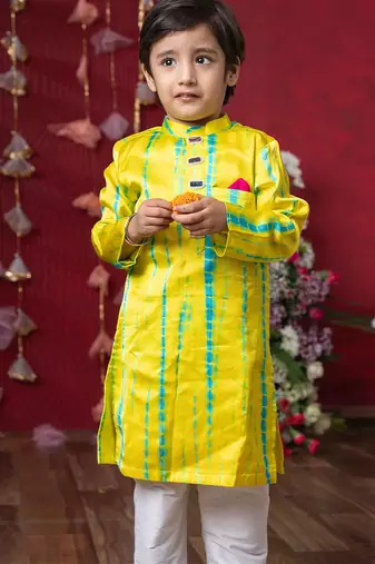 Yellow embroidered satin kurta pyjama