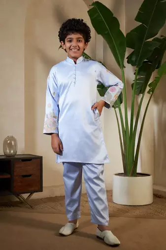 Sky blue satin thead with sequins embroidered work wedding function festival party boys straight kurta pant koti