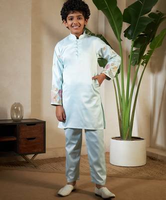 Pista green satin thead with sequins embroidered work wedding function festival party boys straight kurta pant koti 6