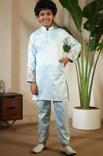 Pista green satin thead with sequins embroidered work wedding function festival party boys straight kurta pant koti