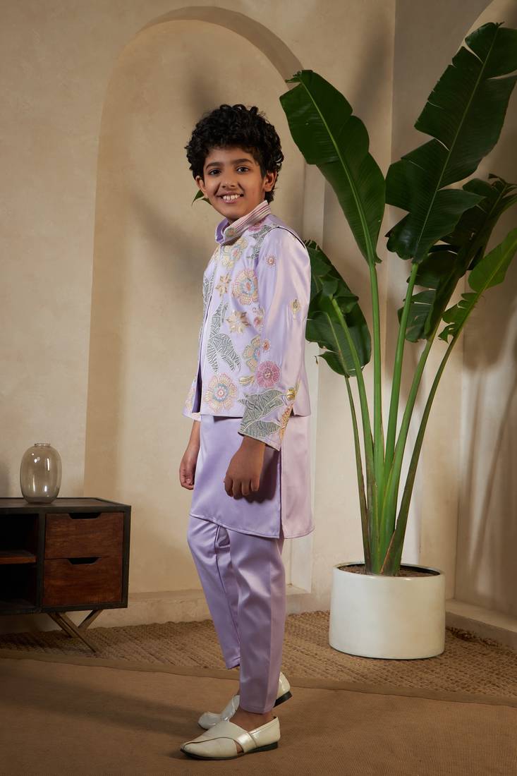 Lavender satin thead with sequins embroidered work wedding function festival party boys straight kurta pant koti