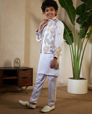 White satin thead with sequins embroidered work wedding function festival party boys straight kurta pant koti 6