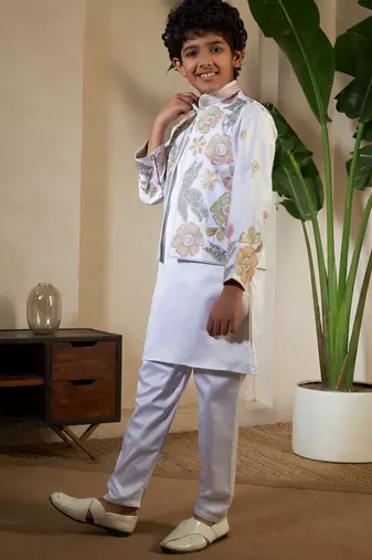 White satin thead with sequins embroidered work wedding function festival party boys straight kurta pant koti