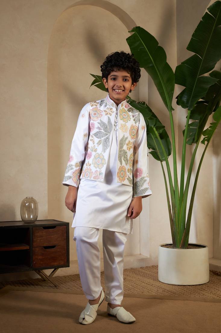 White satin thead with sequins embroidered work wedding function festival party boys straight kurta pant koti