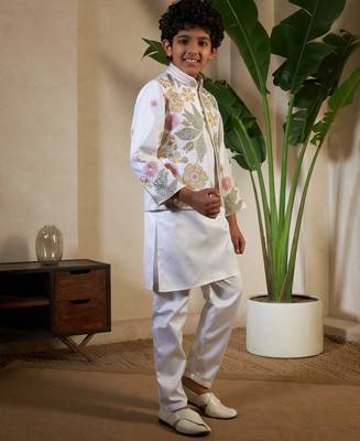 White satin thead with sequins embroidered work wedding function festival party boys straight kurta pant koti 8