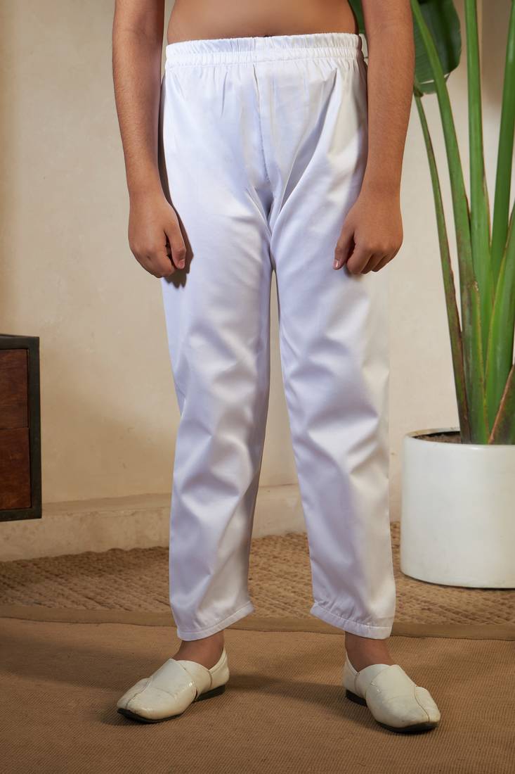 White satin thead with sequins embroidered work wedding function festival party boys straight kurta pant koti