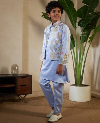 Sky blue satin thead with sequins embroidered work wedding function festival party boys straight kurta pant koti 7