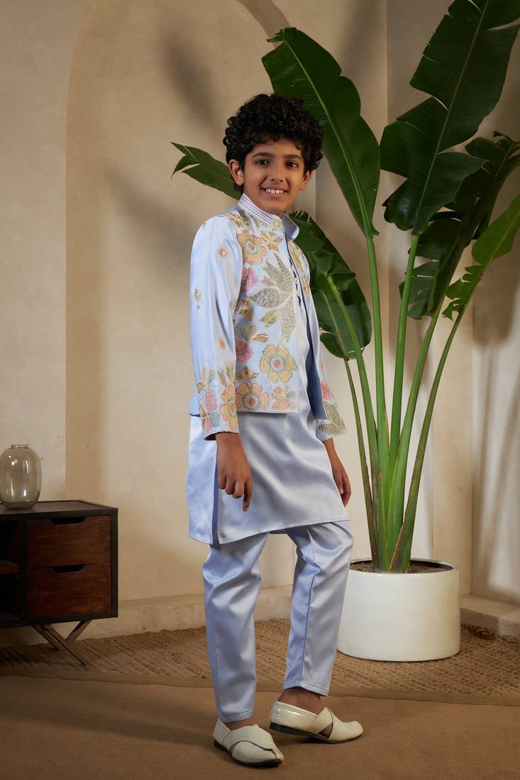 Sky blue satin thead with sequins embroidered work wedding function festival party boys straight kurta pant koti