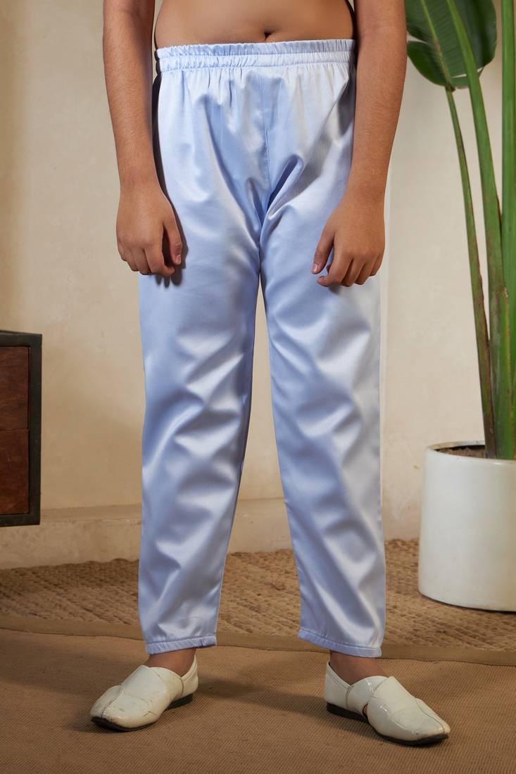 Sky blue satin thead with sequins embroidered work wedding function festival party boys straight kurta pant koti
