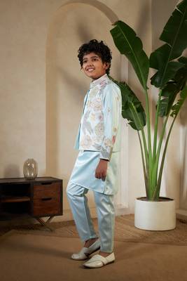 Pista green satin thead with sequins embroidered work wedding function festival party boys straight kurta pant koti 7