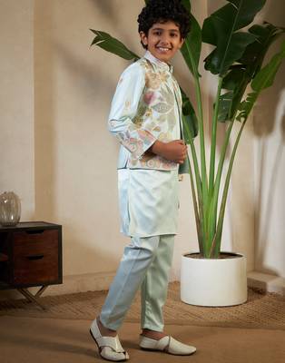 Pista green satin thead with sequins embroidered work wedding function festival party boys straight kurta pant koti 8