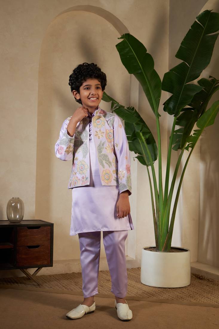 Lavender satin thead with sequins embroidered work wedding function festival party boys straight kurta pant koti